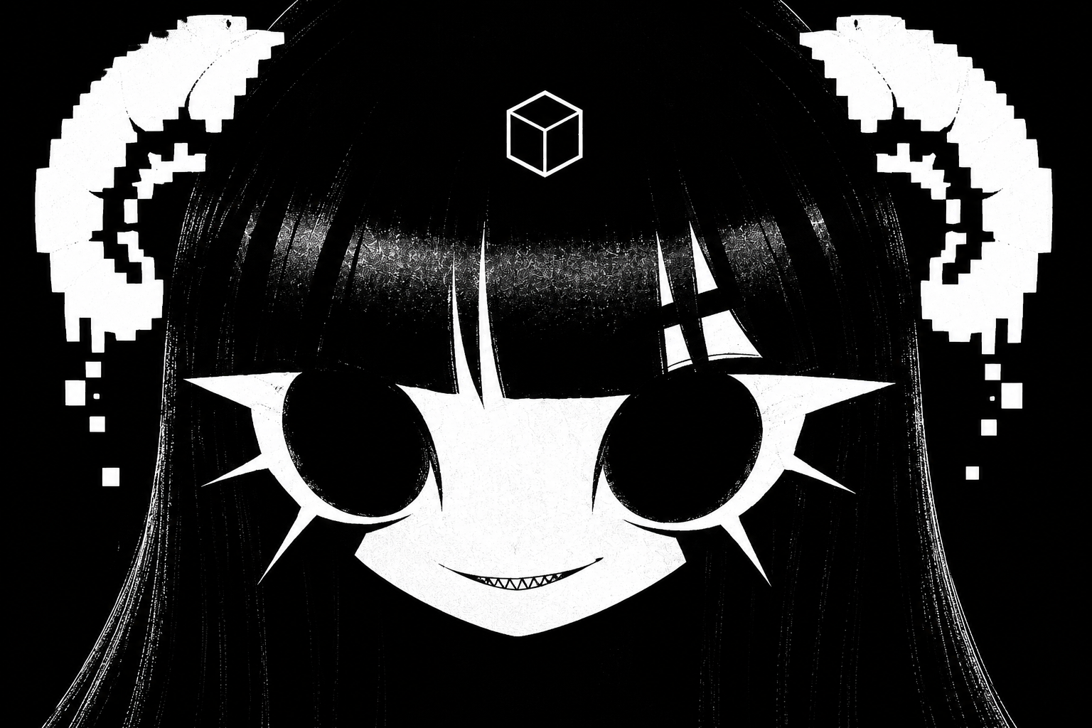 Hash staring through the screen with an unsettling, sharp-toothed smile